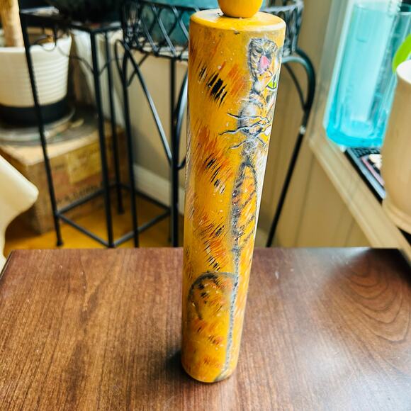 Vintage wooden rolling pen hand painted cat orange tabby kitty art decor signed - Picture 6 of 13